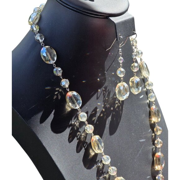 Art Deco Czech AB Crystal Bead Necklace & Earrings Set Flapper Statement - Picture 2 of 9